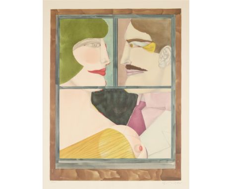 Richard Lindner (German/American, 1901-1978). Lithograph titled "Washington Holiday" depicting two figures as seen through a 