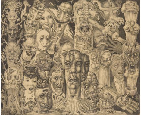 Eduard Wiiralt (Estonian, 1898-1954). Copperplate etching on paper titled "Porgu (Hell)" depicting an intense surrealist rend