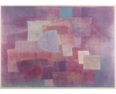 Robert Natkin (American, 1930-2010). Lithograph on paper depicting overlapping abstract forms in pastels of purple, pink, and