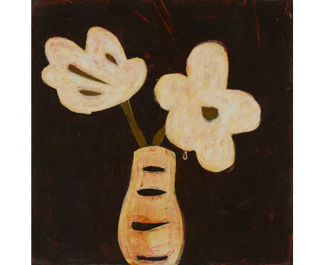 John Randall Nelson (American, b. 1956). Mixed media on panel painting titled "Sweet Boca" depicting white flowers in a vase.
