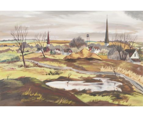 Cyrus Running (American, 1913-1976). Gouache on artist board painting depicting a fall landscape.Sight; height: 19 1/2 in x w