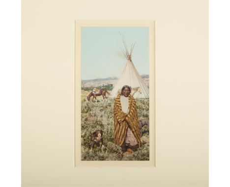 William Henry Jackson (American, 1843-1942). Photochrome titled "A Crow Indian" depicting a figure wrapped in a blanket with 