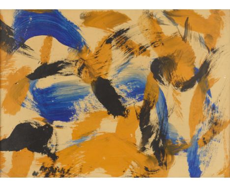 Milton Resnick (American, 1917-2004). Oil on paper laid on canvas depicting broad and bold strokes of orange, black, and blue