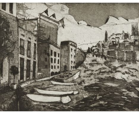 Etching on paper titled "Varenna Lago di Como" depicting a canal off of the famous Italian lake, 1994. Pencil signed and date