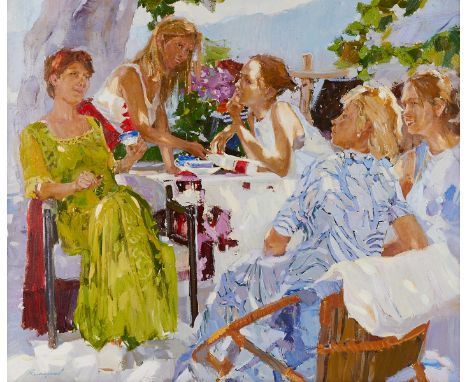 Renat Ramazanov (Russian, b. 1978). Oil on canvas painting titled "Women" depicting a group gathered around at a sunny table,