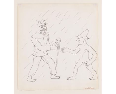 Alexander Calder (American, 1898-1976). Ink on paper painting titled "The Meeting II" depicting two figures meeting on a rain