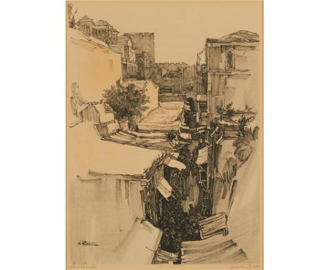 Saul Raskin (Russian/American, 1878-1966). Lithograph on paper titled "David Streets" depicting a crowded street or alley, po