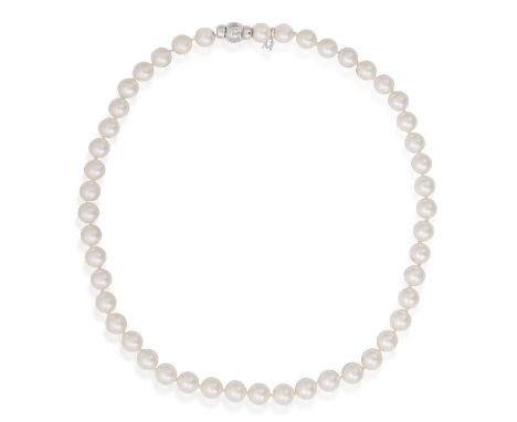 MIKIMOTO: A CULTURED PEARL NECKLACEComposed of a single row of cultured pearls of white tint measuring approximately 8.57mm -