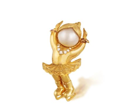 FRED PARIS: A GEM-SET AND PEARL 'FREDY'S, LA PATINEUSE' PENDANT/BROOCH, CIRCA 1990Designed as an ice skater executing a pirou