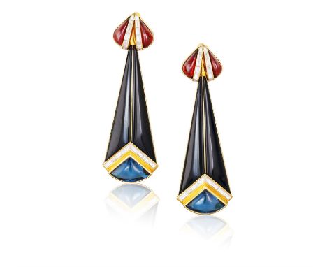 MARINA B: A PAIR GEM-SET AND DIAMOND 'TROC' PENDENT EARRINGSOf geometric design, set with onyx plaques highlighted with bague