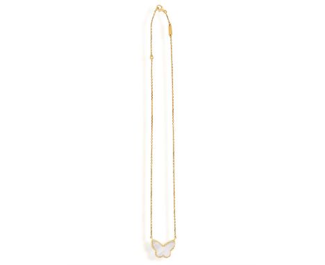 VAN CLEEF & ARPELS: A MOTHER-OF-PEARL 'LUCKY ALHAMBRA' BUTTERFLY PENDANT NECKLACEThe mother-of-pearl butterfly plaque within 