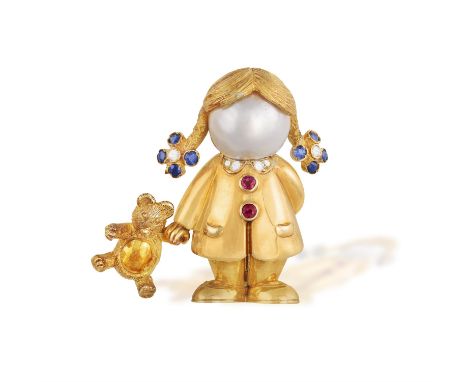 FRED PARIS: A GEM-SET AND PEARL 'FREDY'S, LA CHIPIE' PENDANT/BROOCH, CIRCA 1990Designed as a little girl holding her teddy be
