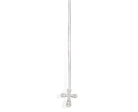 A CULTURED PEARL AND DIAMOND PENDANT ON CHAINOf openwork cross design, centring a pear-shaped diamonds within a surround pavé