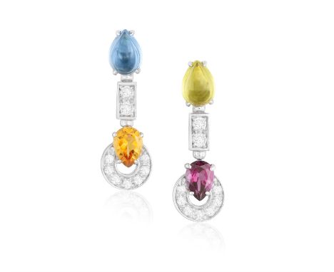 BULGARI: A PAIR OF GEM-SET AND DIAMOND 'ALLEGRA' PENDENT EARRINGSEach set with vari-cut gemstones, including peridot, blue to