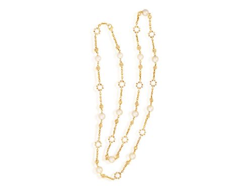 A DIAMOND AND PEARL LONG CHAIN NECKLACEThe cable-link chain highlighted with cultured pearls, interspersed with rounded motif