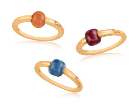 POMELLATO: THREE GEM-SET "M'AMA NON M'AMA" RINGSEach set with a gem-stone cabochon, including a hessonite garnet, rhodolite g