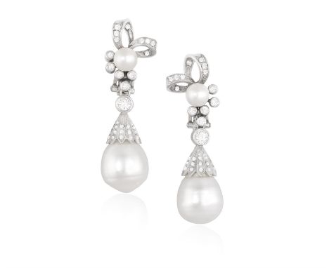 A PAIR OF CULTURED PEARL AND DIAMOND PENDENT EARRINGSEach cultured pearl drop of white tint, measuring approximately 12.90mm 
