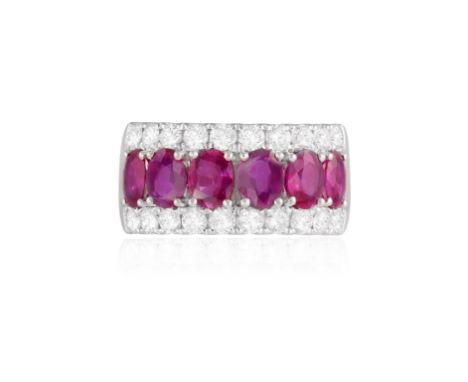 A RUBY AND DIAMOND RINGThe frontispiece set with oval-shaped rubies between brilliant-cut diamonds, mounted in 18K gold, ring