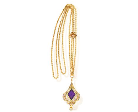 AN ART NOUVEAU AMETHYST, ENAMEL AND SEED PEARL PENDANT, WITH LATE 19TH/EARLY 20TH CENTURY GOLD CHAIN NECKLACEOf openwork foli