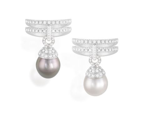 REPOSSI: A PAIR OF CULTURED PEARL AND DIAMOND RINGSEach double shank pavé-set with brilliant-cut diamonds, suspending a cultu