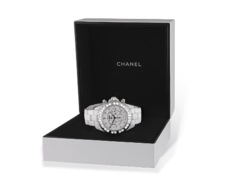 CHANEL: A STAINLESS STEEL, DIAMOND-SET AND CERAMIC 'J12 CHRONOGRAPH' WATCHThe 37-jewel Cal-2894/2 ETA automatic movement, cir