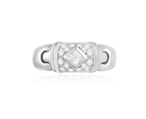 BULGARI: A DIAMOND 'PARENTESI' RINGThe collet-set square-cut diamond, within a brilliant-cut diamond surround, mounted in 18K