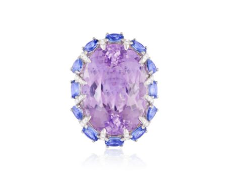 A KUNZITE, SAPPHIRE AND DIAMOND COCKTAIL RINGThe oval-shaped kunzite weighing approximately 34.00cts within an oval and pearl