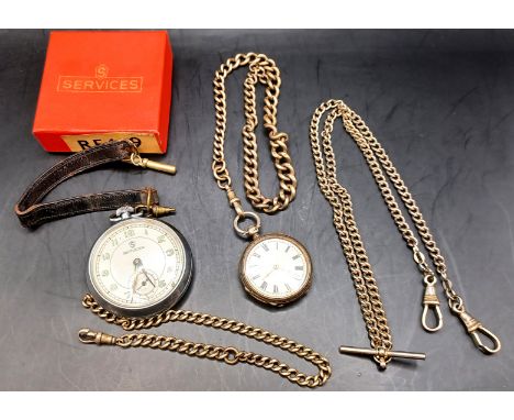 A VICTORIAN 1882 SILVER POCKET WATCH WITH ALBERT CHAIN, ANOTHER SILVER ALBERT CHAIN, SERVICE POCKET WATCH AND ANOTHER ALBERT 