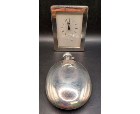 ARTHUR PRICE SILVER FRAME CLOCK 10.5 X 8CM AND SILVER PLATED HIP FLASK