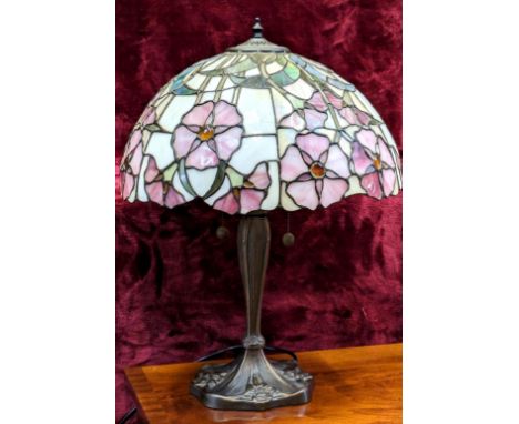 Pretty two bulb tiffany style table lamp in shades of pink and green. In excellent condition .45m high x .4m wide