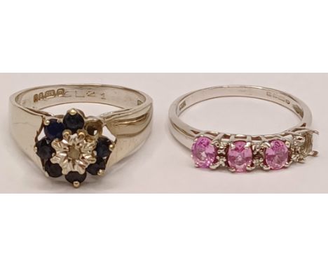 TWO 9CT WHITE GOLD DRESS RINGS TOTAL WEIGHT 4.9g- A SAPPHIRE AND DIAMOND RING, AND PINK SAPPHIRE RING - BOTH SIZE M AND BOTH 