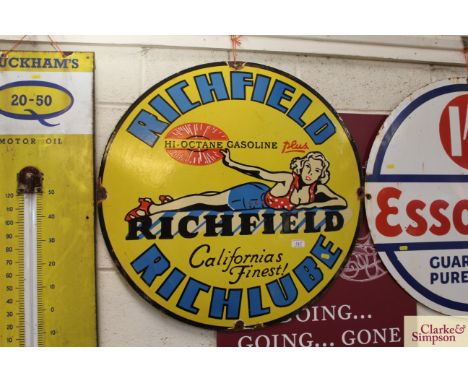 A "Richfield California's Finest High Octane Gasoline" circular enamel sign, approx. 30" dia.