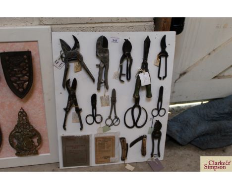 A display board of various gardening shears, secateurs, small book on home grown fruit, a small guide to pruning, budding, gr