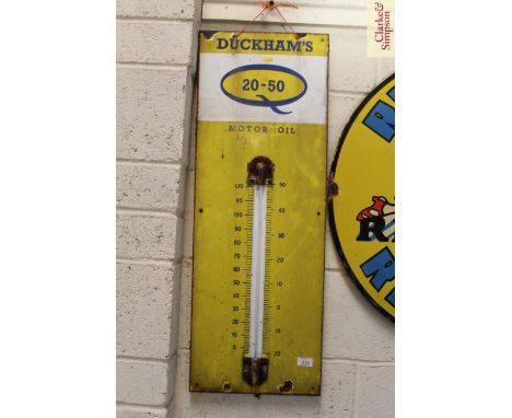 A "Duckhams Motor Oil" advertising thermometer, approx. 36" x 13"