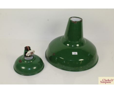 A large green enamel lampshade and a smaller similar 