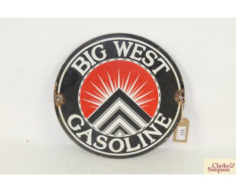 An enamel "Big West Gasoline" advertising sign, approx. 12" dia. 