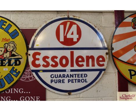 An "Essolene Guaranteed Pure Petrol" enamel advertising sign, approx. 30" dia.