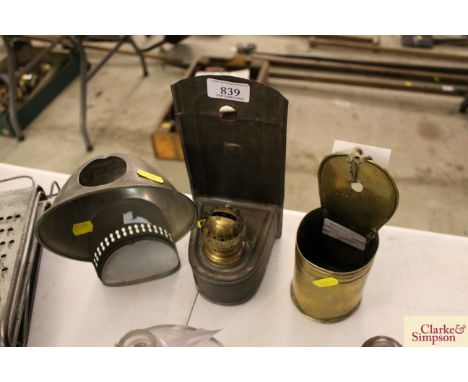 A metal ware and brass mounted wall oil lamp, a brass spill holder, and a vintage lamp shade 