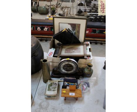 An Art Deco Metamec mantel clock, cloisonné vase, Indian brass tapering vase, vintage photograph in Oxford type frame, variou