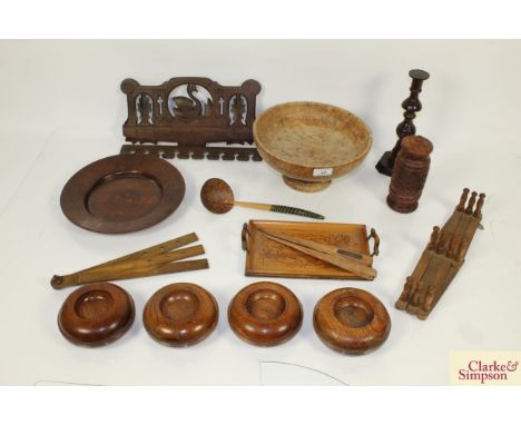A collection of various treen to include candlestick, burr wood bowl, expanding coat stand etc. 