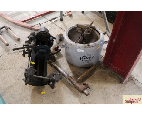 A vintage enamel Pentecon pressure cooker, a canning machine and a Bonzer can opener