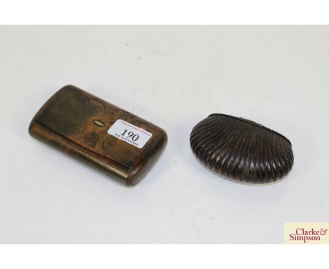 A 19th Century burr wood snuff box and a carved snuff box in the form of a shell 