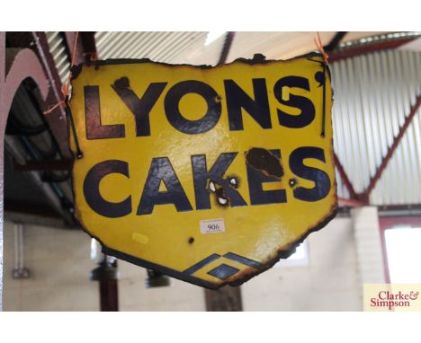 A "Lyons Cakes" double sided enamel sign, approx. 17" x 14½" overall