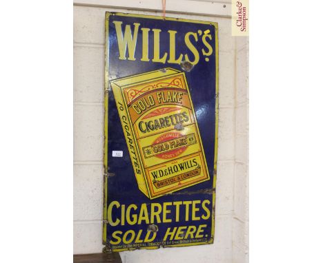 A "Wills Gold Flake Cigarettes" enamel advertising sign, approx. 36" x 18"