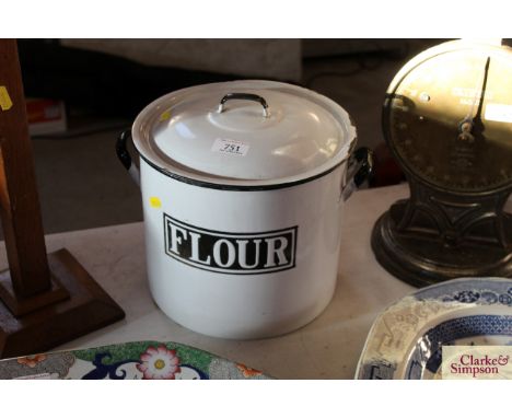 An enamel flour bin