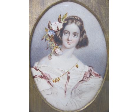 FRENCH SCHOOL CIRCA 1840. Portrait of a Lady, half-length, wearing a white dress and floral hair piece, oval, watercolour, 5 
