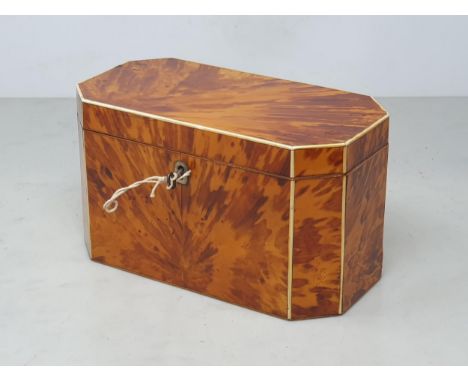A 19th Century tortoiseshell octagonal Tea Caddy, the hinged lid enclosing two-division interior, 4½in High x 8in Long 