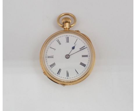An 18ct gold cased open faced, keyless wind Pocket Watch the white enamel dial with roman numerals, case width 37mm, approx 5