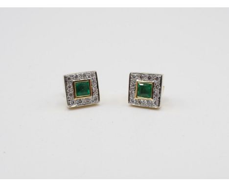 A pair of Emerald and Diamond square Cluster Earrings each rubover-set step-cut emerald within a frame of brilliant-cut diamo