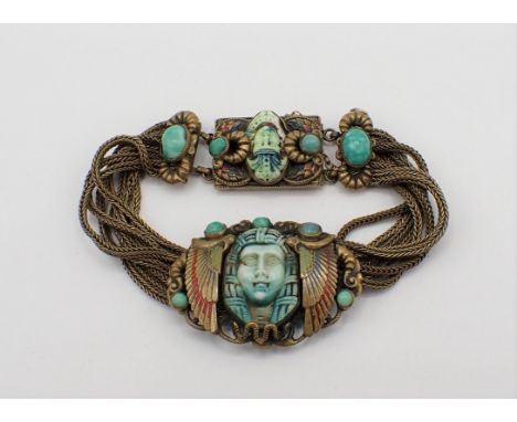 A 1920's Egyptian Revival Bracelet believed to be by Max Neiger, Gablonz. the front with oval plaque set embossed jade effect